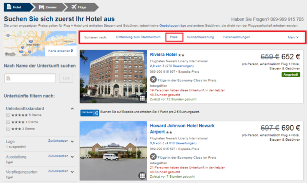 Expedia Hotel Ergebnisse günstigster Preis