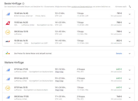 Google Flights Flugauswahl