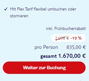 TUI Frühbucher Rabatt wird direkt von der Gesamtsumme in der Buchungsübersicht abgezogen. So kann das aussehen. Ihr könnt auch immer direkt einsehen, wie hoch der prozentuale Rabatt ausfällt.