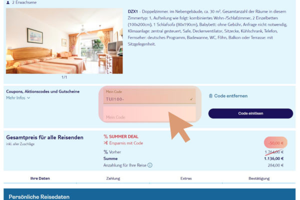 TUI Gutschein einlösen, so geht's. Während der Buchung könnt Ihr in diesem Gutscheinfeld Euren TUI Coupon oder Aktionscode aus der Zwischenablage einfügen. Der Rabatt wird direkt abgezogen.