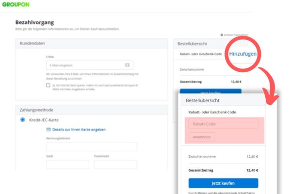 Der Screenshot zeigt, wo Ihr das Gutscheinfeld während der Bestellung findet, um den Groupon Rabattcode oder Geschenkgutschein im Bezahlvorgang einlösen.