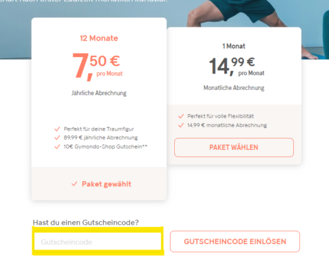 Um einen anderen Gutscheincode oder Rabattcode von Gymondo einzulösen müsst Ihr den bereits aktivierten Rabattcode löschen, dann öffnet sich das Gutscheinfeld. In zeiten ohne Rabattaktion findet Ihr das Gutscheinfeld auch an dieser Stelle.