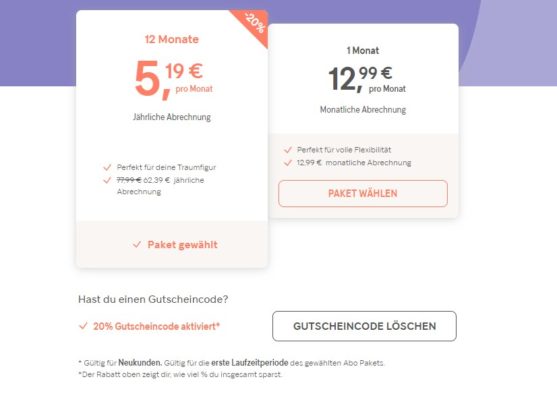 Um einen anderen Gutscheincode oder Rabattcode von Gymondo einzulösen, müsst Ihr den bereits aktivierten Rabattcode auf dieser Seite löschen, dann öffnet sich das Gutscheinfeld. In Zeiten ohne Rabattaktion findet Ihr das Gutscheinfeld auch an dieser Stelle