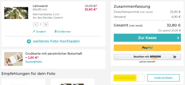 Gutscheincode im Warenkorb bei MEINFOTO online eingeben