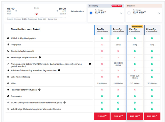 Tarifauswahl bei Turkish Airlines