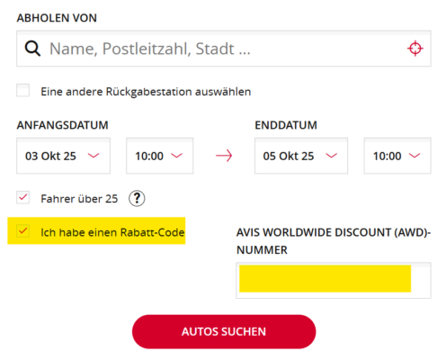 Rabattcode bei AVIS in der Suchmaske eingeben