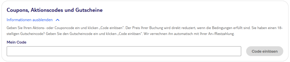 TUI Gutscheinfeld für Aktionscodes während der Buchung.